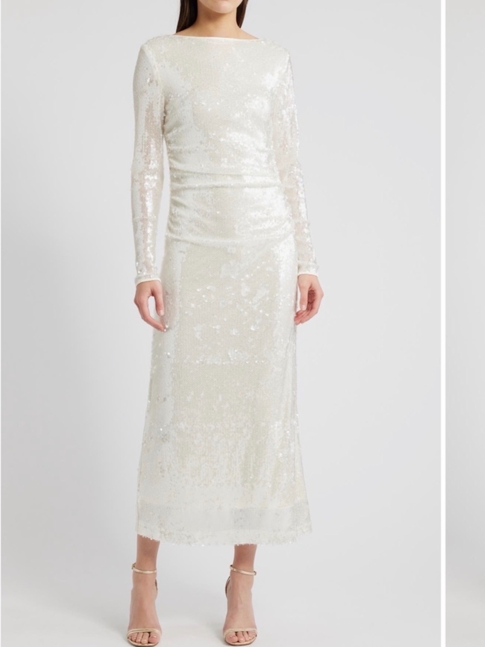 Wayf Keiran Sequin Ivory Sequin Cowl Back Long-Sleeve Dress